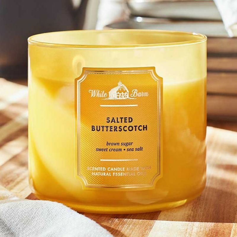 BATH &amp; BODY WORKS BBW SALTED BUTTERSCOTCH 3 WICK CANDLE 411 G LILIN 3 SUMBU PENGAHRUM RUANGAN