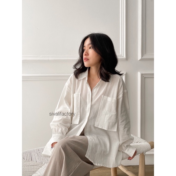 Ghea Shirt Baju Kemeja Oversize Linen Shirt Pocket Atasan Jumbo Wanita