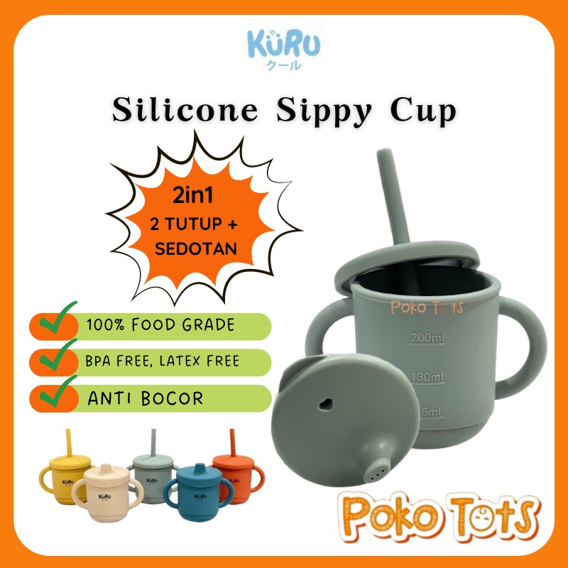 Kuru Baby Silicone Sippy Cup Set With Straw 200ml Gelas Minum Bayi Silikon Dengan Sedotan WHS