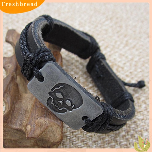 【 Fresh 】 Gelang Tangan Pria Model Punk Motif Tengkorak Gaya Vintage Punk Bahan Kulit Imitasi