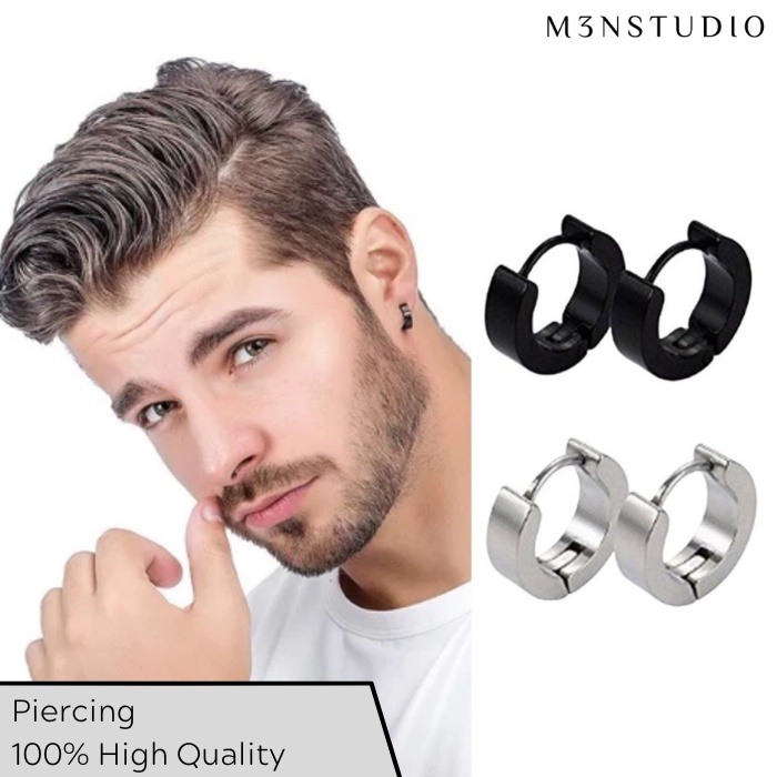 Anting Tindik Tusuk Pria Titanium Anti Karat Luntur Hitam Silver Emas