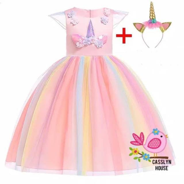 DRESS UNICORN + BANDO ANAK PEREMPUAN/ CEWEK IMPORT