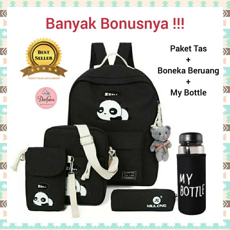 Tas Backpack Wanita Tas Sekolah Anak Perempuan Model Panda Paket Plus Boneka Beruang dan My Bottle