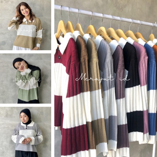 Baju Rajut Crop Wanita Polo Kerah Kancing Lengan Panjang Salur Strip