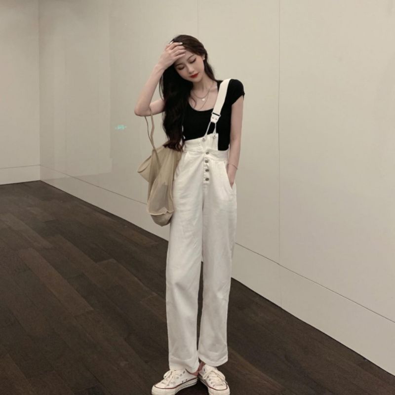 terbaru Overall jeans white highwaist import celana kodok