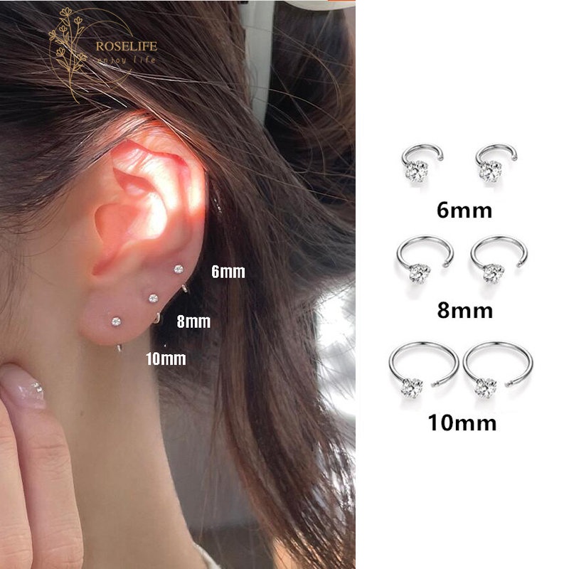 Roselife 1 Pasang Anting Bulat Sterling Silver 925 Hias Zircon Ukuran 6 / 8 / 10mm Anti Alergi Untuk Wanita