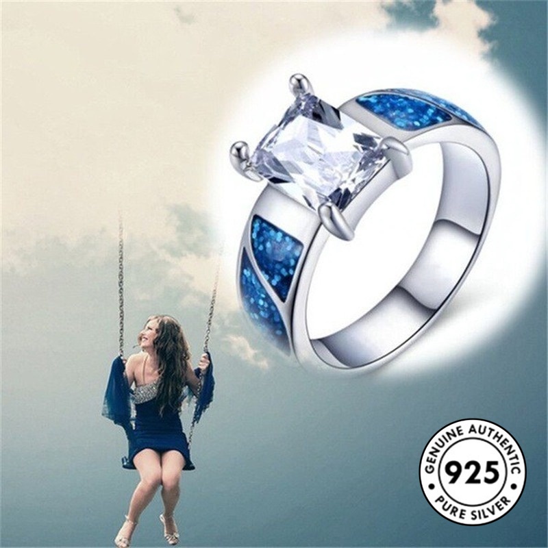 Cincin Silver S925 Bentuk Kotak Aksen Berlian