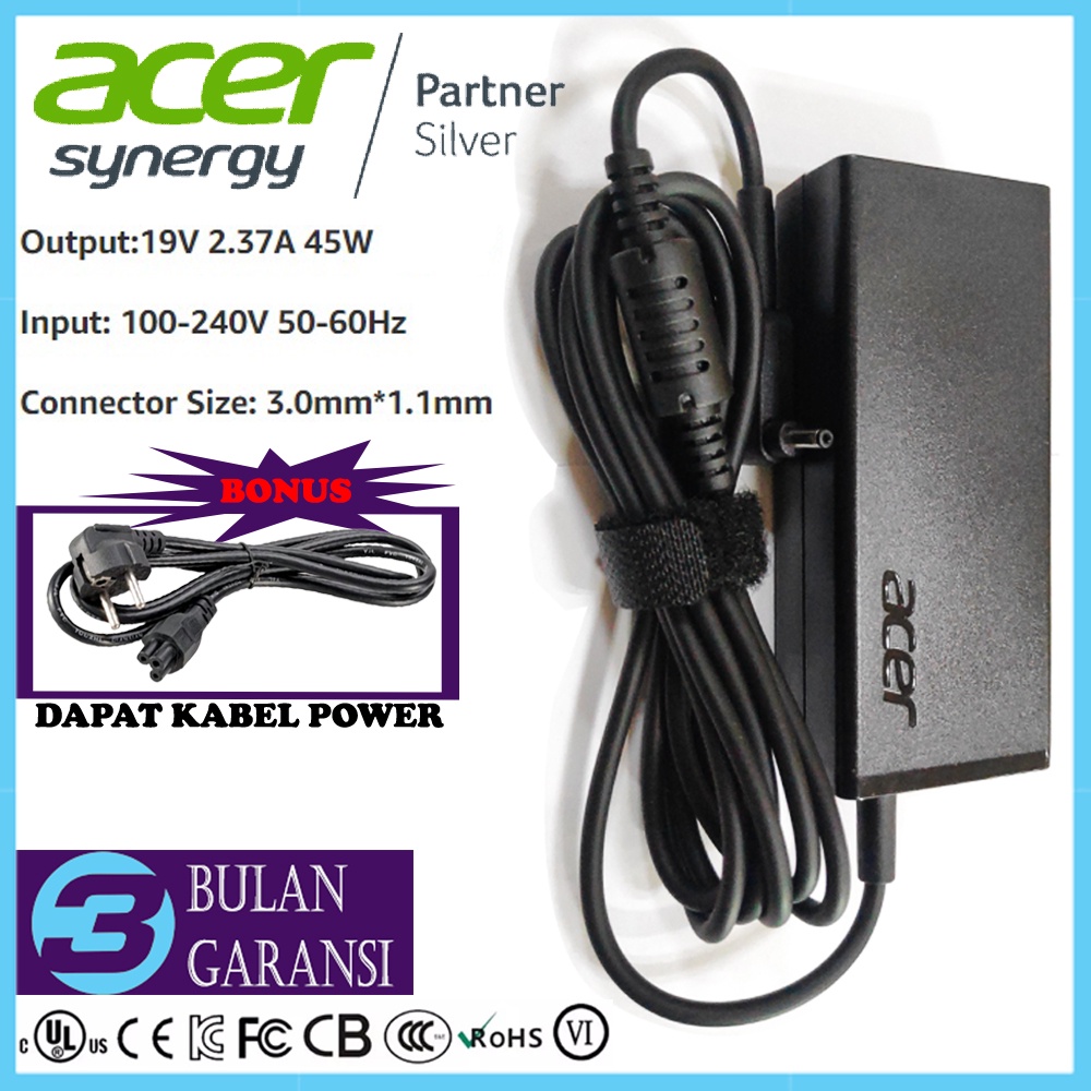 Adaptor Charger Laptop Acer Original 19V 2.37A 3.0*1.1mm 45W Swift 3 SF314 Spin 1 3 5 Aspire 3 A311 A314 A315 Aspire 5 A514-51 A514-52 A514-53 R5-471T V3-331 V3-371 PA-1450-26 PA-1650-86 A13-045N2A