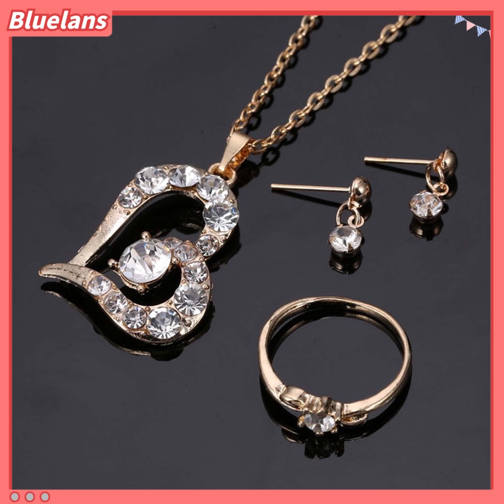 Bluelans Luxury Love Heart Pendant Rhinestone Necklace Ring Earrings Women Jewelry Set