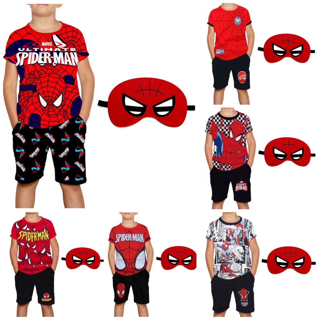 SETELAN PENDEK ANAK LAKI-LAKI MOTIF SPIDERMEN DENGAN TOPENG FLANEL