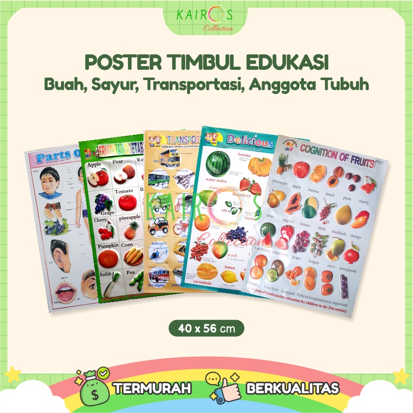 Poster Anak Timbul Belajar Anggota Tubuh, Hijaiyah, Transportasi, Bendera, Buah dan Sayur