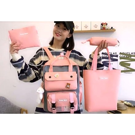 Tas Sekolah Anak SD SMP SMA Wanita Perempuan Tas Backpack Ransel Sekolah Tas Kerja Wanita Tas Import Tas 5 in 1-4In1Pink