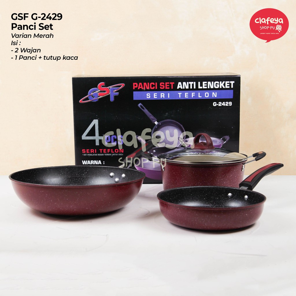 Panci Set Anti Lengket Seri Teflon GSF G-2429 - Panci Set Isi 4 pcs  - Wajan Teflon Serbaguna GSF