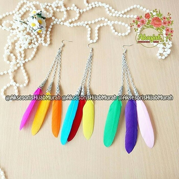 anting bulu jilbab hijab juntai rainbow bulu ayam polka asli