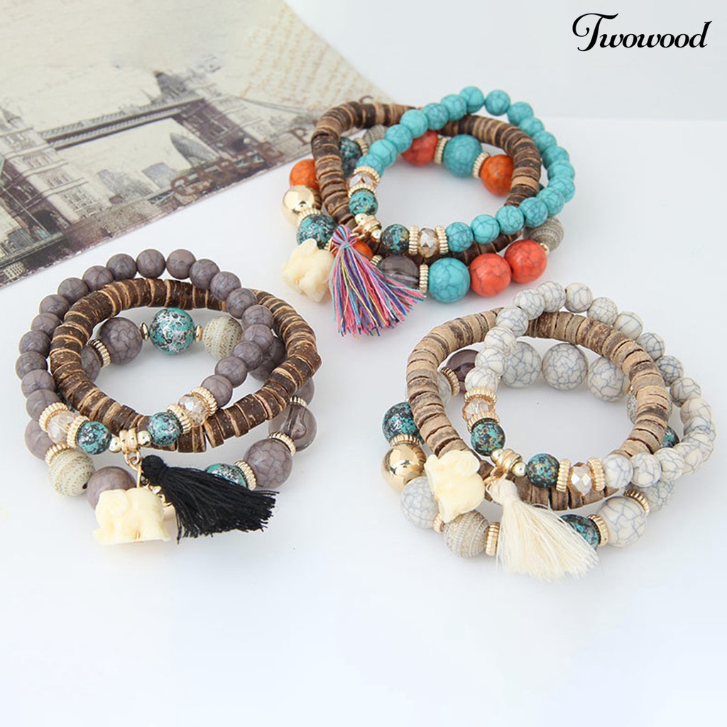 3pcs / Set Gelang Tali Elastis Multilayer Desain Gajah Rumbai Manik-Manik Bahan Resin Gaya Bohemia Untuk Wanita