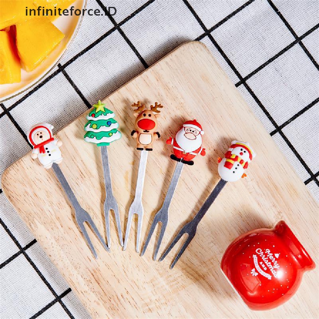 5pcs / Set Garpu Buah / Sayuran / Salad Desain Kartun Santa Claus Bahan Stainless Steel