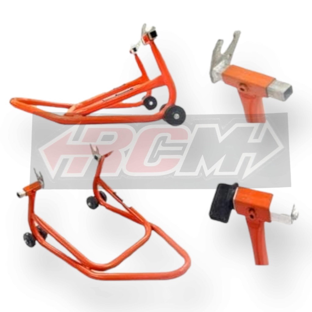 PEDOK PADDOCK PADOCK PADOK RACING STAND STANDING STANDAR STANDART PENYANGGA BELAKANG UNIVERSAL MOTOR APAPUN BISA 2 DUA BRACKET BRAKET Y SAMA DAN L WARNA ORANGE OREN ORI ORIGINAL DAYTONA ASLI