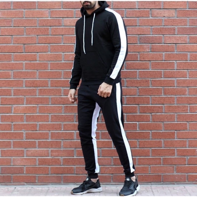 Celana Joggerpants Sweatpants Trackpants Bawah Karet dan Hoodie Hitam List Putih