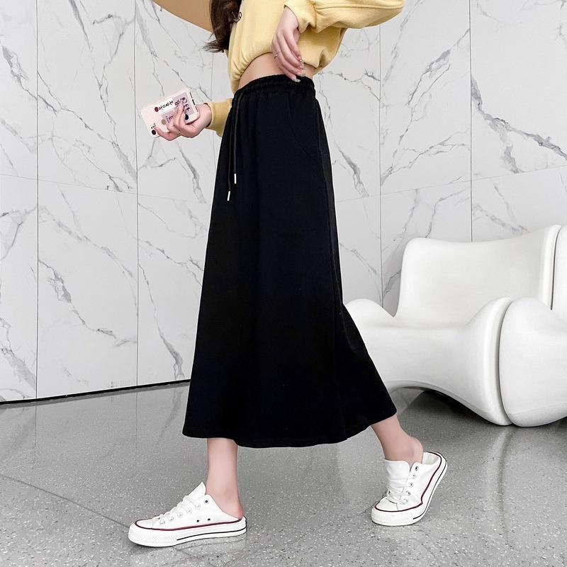 yikoo-Rok casual warna solid celah belakang skirt panjang wanita korea