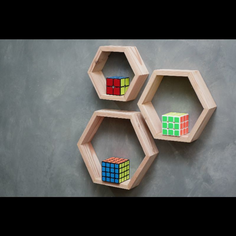 rak dinding hexagonal ambalan hexagon floating rak kayu 1 set 3pcs hiasan dinding kayu jati Belanda