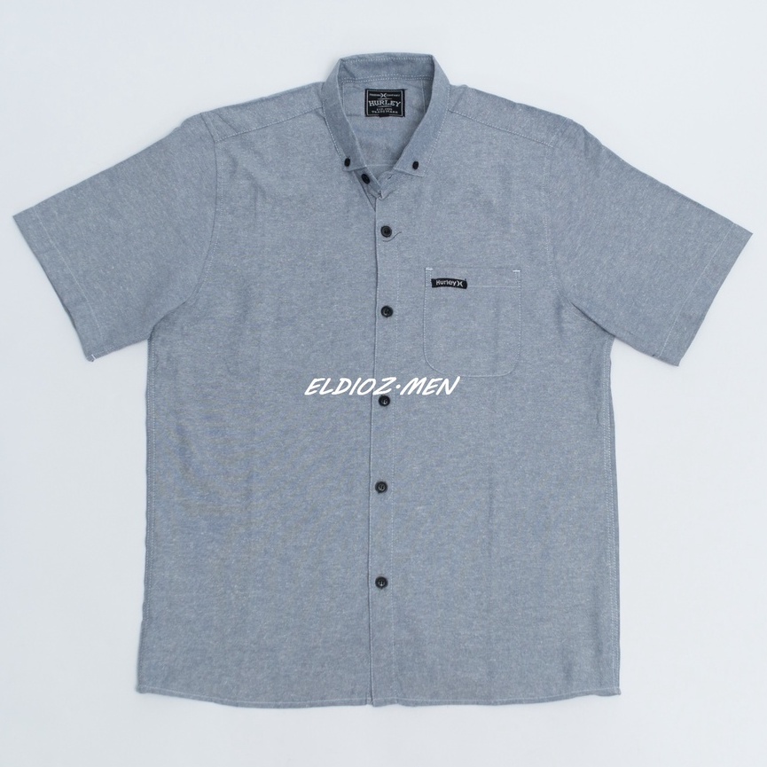 Kemeja Pria Lengan Pendek Model Slim Fit Katun Oxford Hem Pria Abu Muda