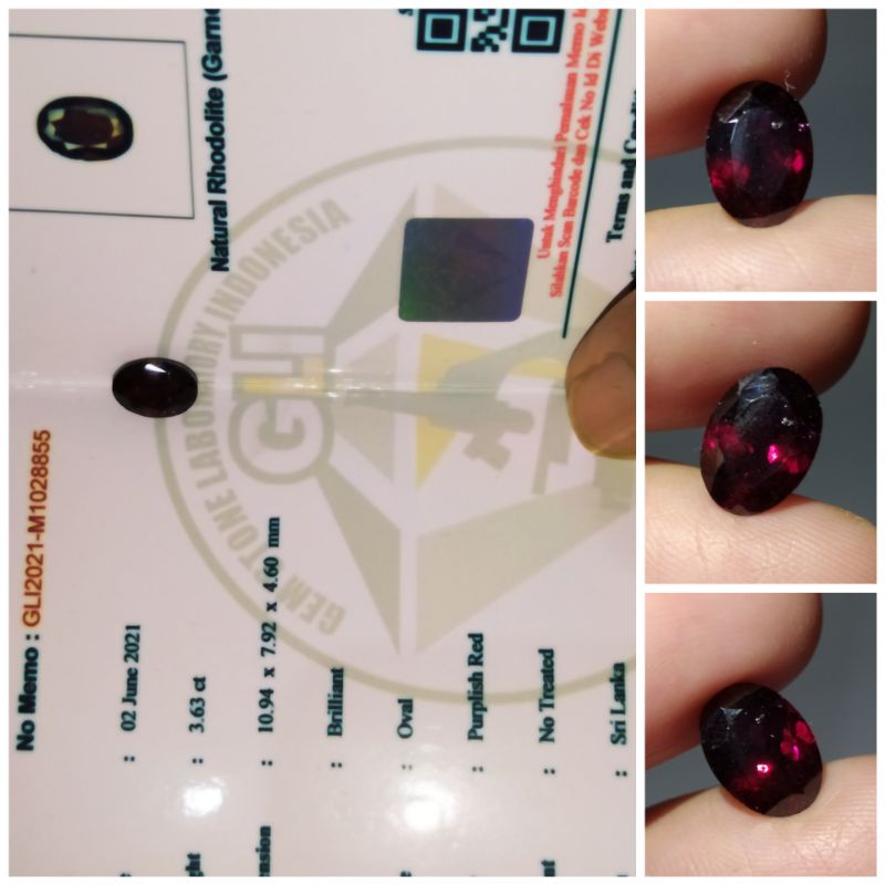 Natural Purplish Red Rhodolite Garnet Ceylon 3,62 ct memo NTD GLI
