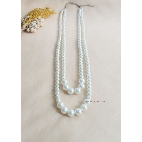 Kalung Wanita Besar Kecil Dua Layer - Kalung Hijab Panjang - Kalung Fashion - Kalung mutiara Sinteti