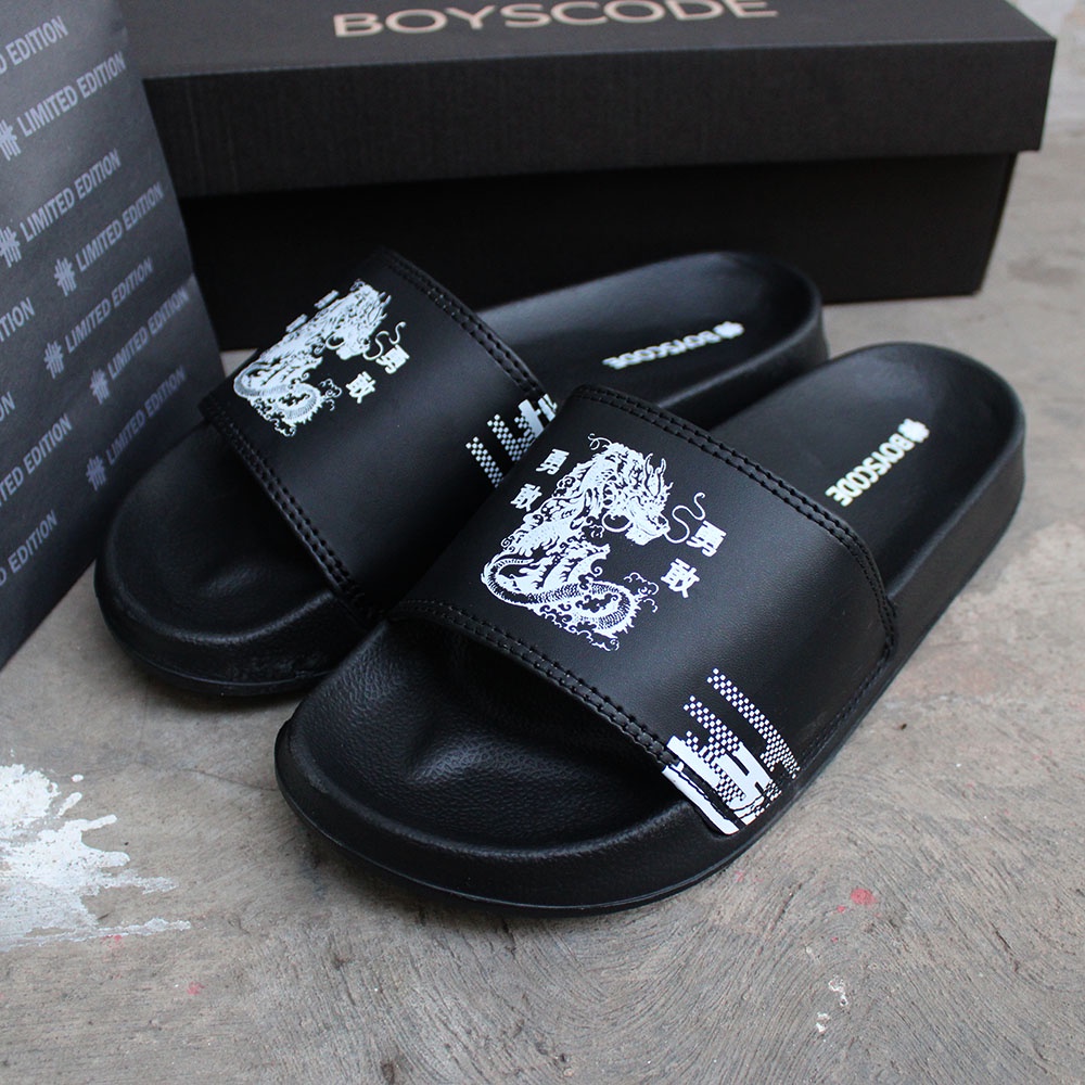 Sandal Slip On Pria Distro Terbaru Boyscode Dragon Sea Naga Laut Hitam Putih / Sandal Slop Pria / Sandal Slide Pria