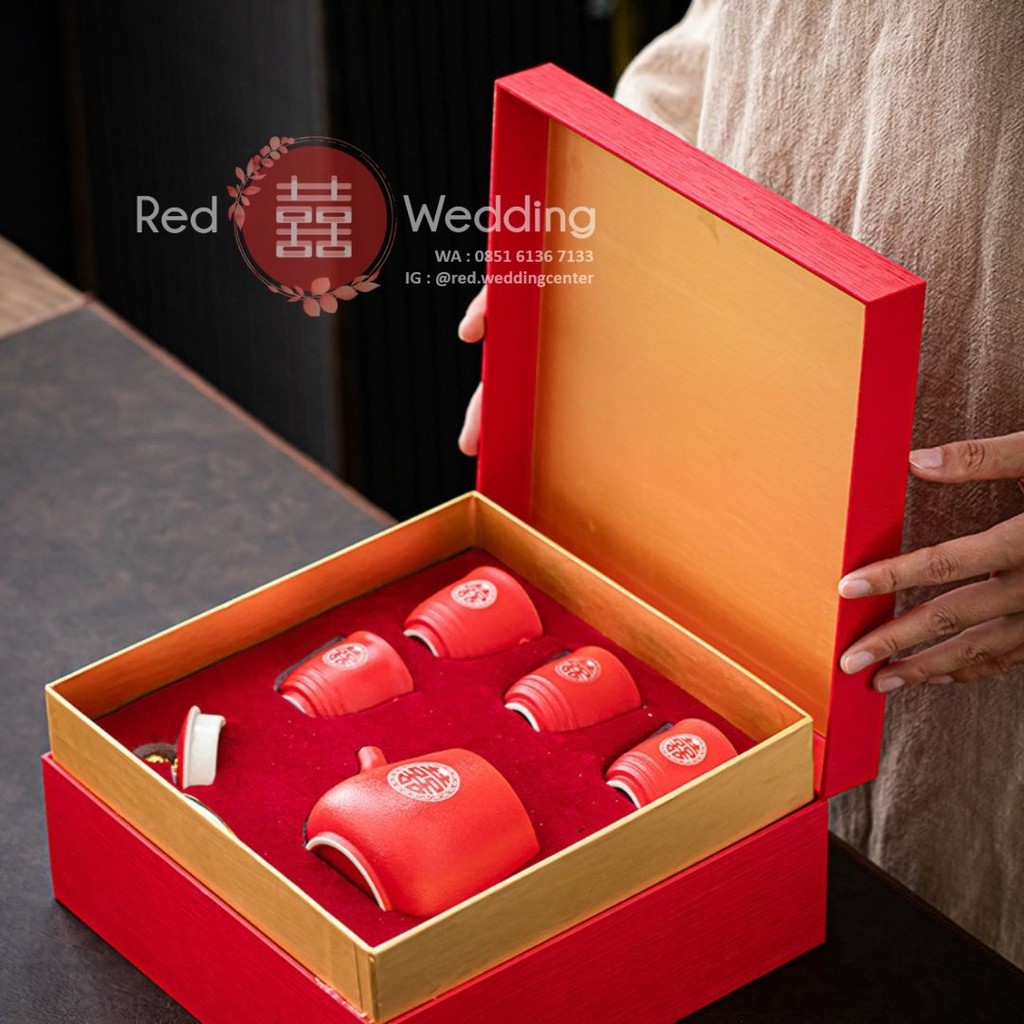 Complete Teapot Wedding Set Teko 4 Cangkir Keramik dengan Nampan Ukir Shuangxi untuk Sangjit Teapai FREE HARDBOX dan PAPERBAG