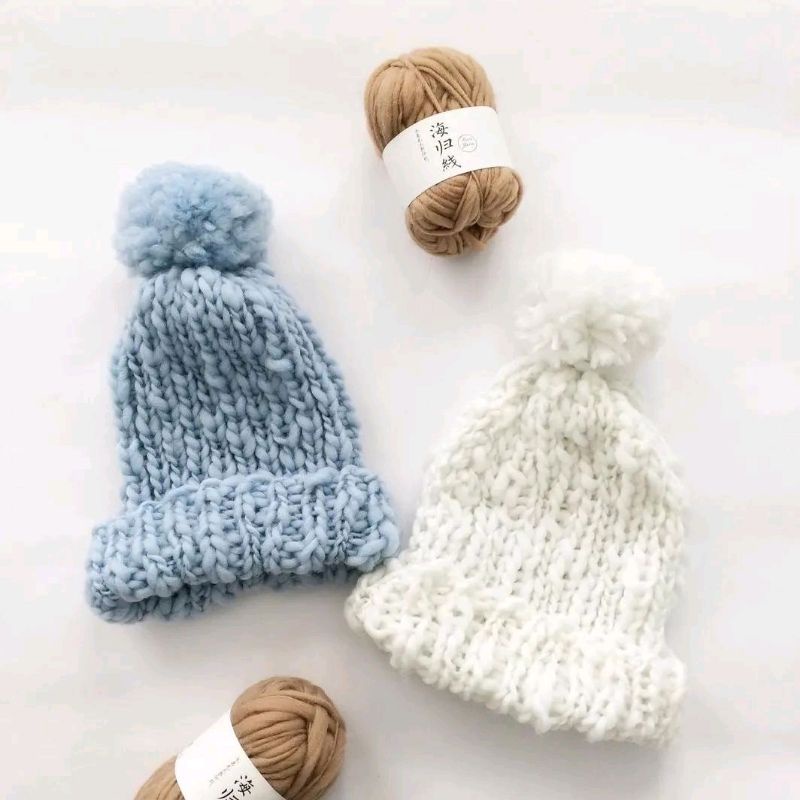 Paket Rajut untuk Pemula Knitting Chunky PomPom Hat Kit