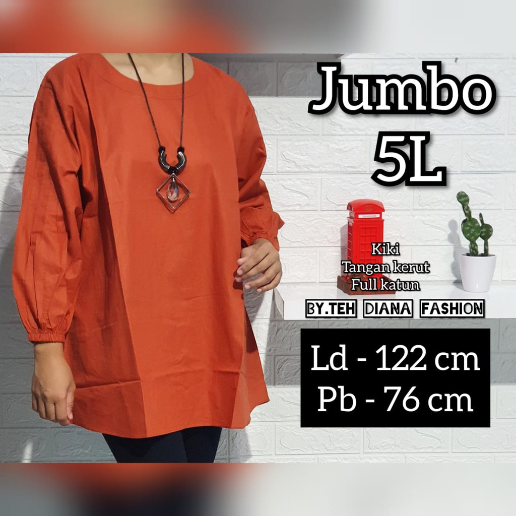 Baju Atasan Wanita Jumbo / Blouse Wanita Jumbo / Atasan Wanita Jumbo Model Kiki Tangan Kerut Full Katun Ld 122-1