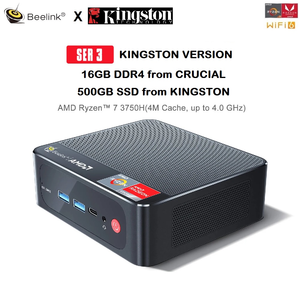 BEELINK SER3 MINI PC - KINGSTON VERSION  -  AMD RYZEN 7 3750H MINI PC - CRUCIAL 16GB DDR4 &amp; KINGSTON 500GB SSD - Windows 11 Supported