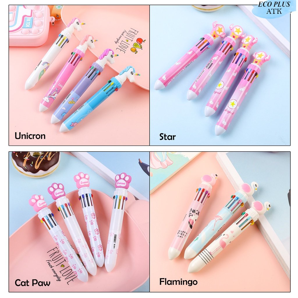 10Colorful in 1 Pen Character Pulpen Berkepala Karakter Unicorn Catpaw Falmingo Stationery Perlengkapan Sekolah