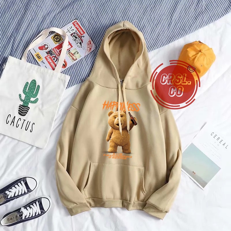 HOODIE SWEATER CREWNECK TEDDY BEAR HYAPPINESS CREAM KUALITAS DISTRO CASUAL MURAH TEBAL NYAMAN DI PAKAI COD