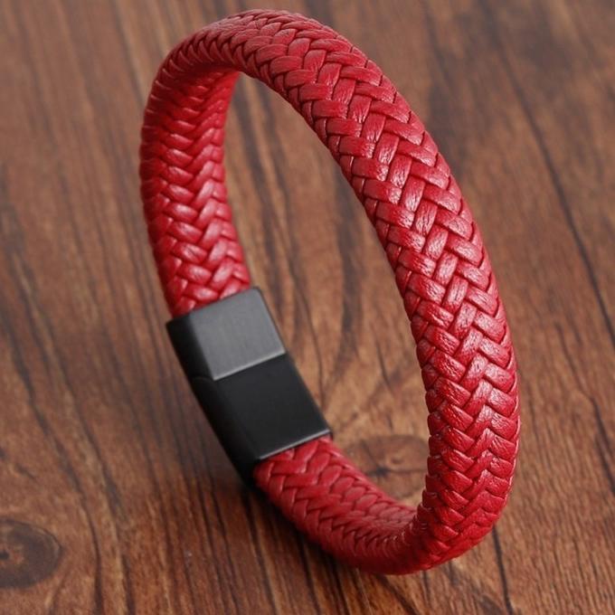 GELANG PRIA KULIT ASLI PREMIUM WARNA MERAH KLIP MAGNET TITANIUM G374 Termurah