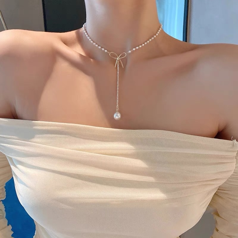 YEEZII Kalung Choker Rantai Klavikula Hias Liontin Mutiara Kristal Ikatan Simpul Warna Emas Untuk Wanita