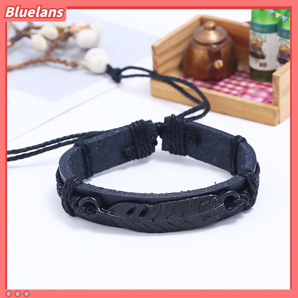 Bluelans Men Faux Leather Feather Adjustable Rope Braided Bracelet Wristband Jewelry