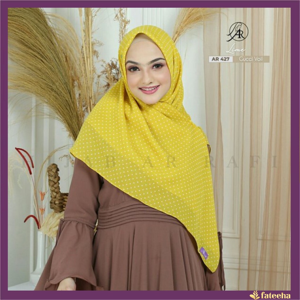 AR 427 JILBAB ARRAFI SEGI EMPAT MOTIF POLKADOT WARNA LIME BAHAN GUCCI VOAL LEMBUT DAN HALUS