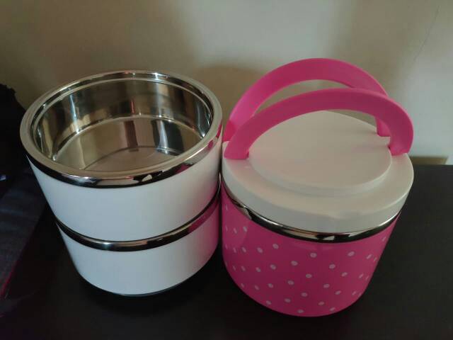 Rantang Susun Tingkat Kotak Tempat Makan Besar Stainless Motif Polkadot Bintik Warna