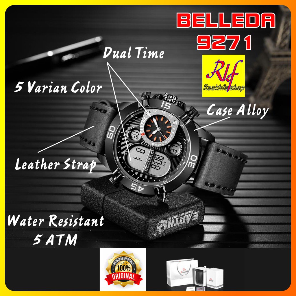 Jam Tangan Pria/Cowok Digital Analog Tali Kulit Anti Air Keren Belleda 9271 Ori/Original