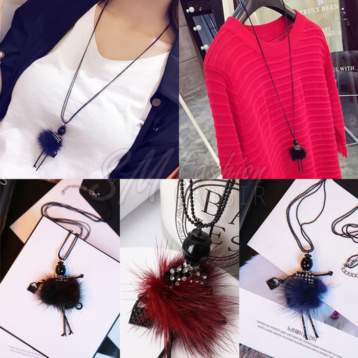 Kalung Import Korea Model Panjang Boneka Shopping Lucu Bulu (Necklace) - Gray barang berkualitas