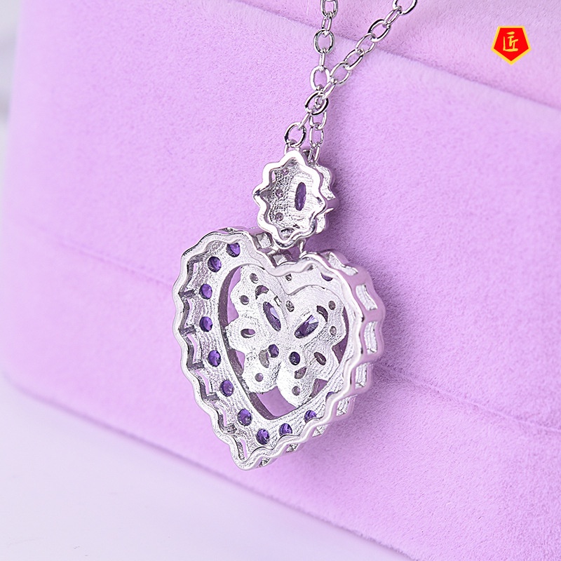 [Ready Stock]Full Diamond Amethyst Zircon Butterfly Pendant Women's Heart-Shaped Necklace