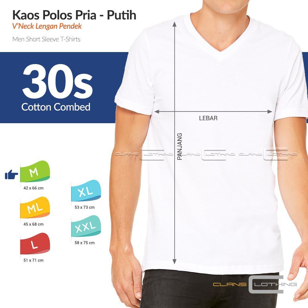 M Putih  Kaos  Polos  Vneck Cotton Combed 30s Tangan 