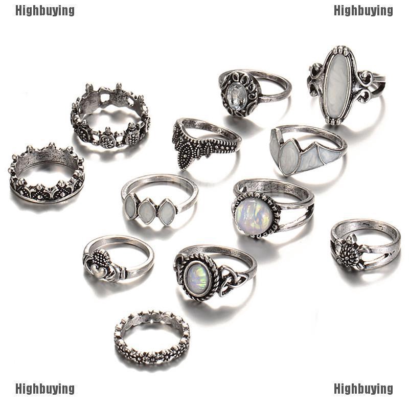 Hbid 12PCS / Set Cincin Nikah Silver Hias Opal Api Putih Untuk Wanita