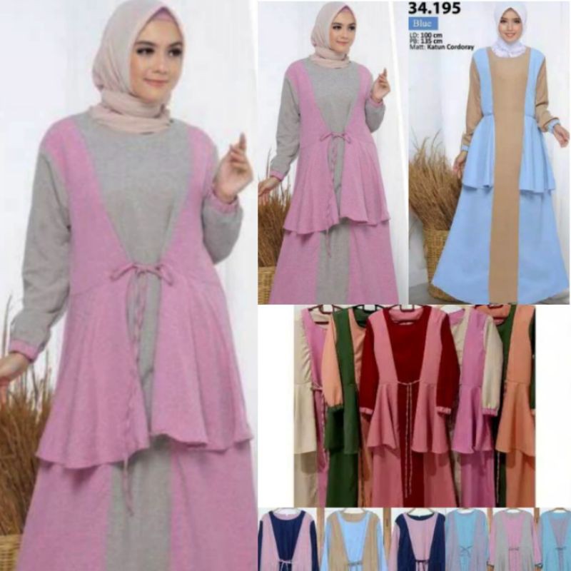 baju gamis katun dan moscrepe kombinasi warna lengan panjang variasi rempelan tali pinggang seleting