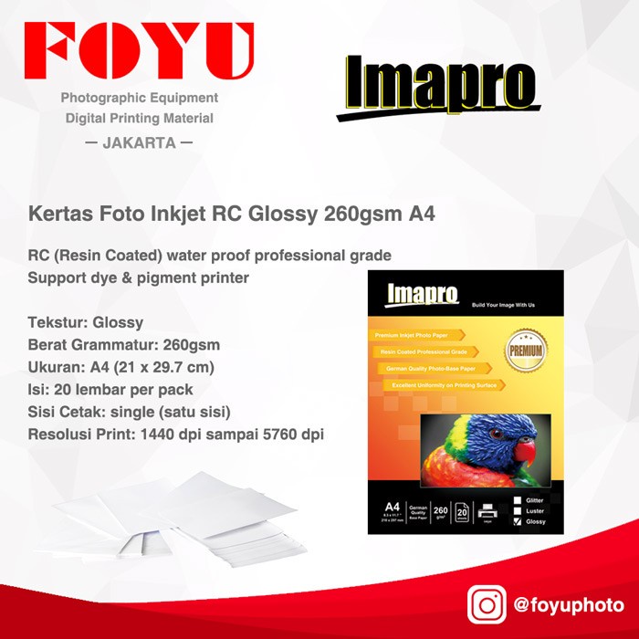 

Senikertas- Kertas Foto Inkjet Imapro Professional Rc Glossy Water Proof 260Gsm A4 -Kertas-Seni.