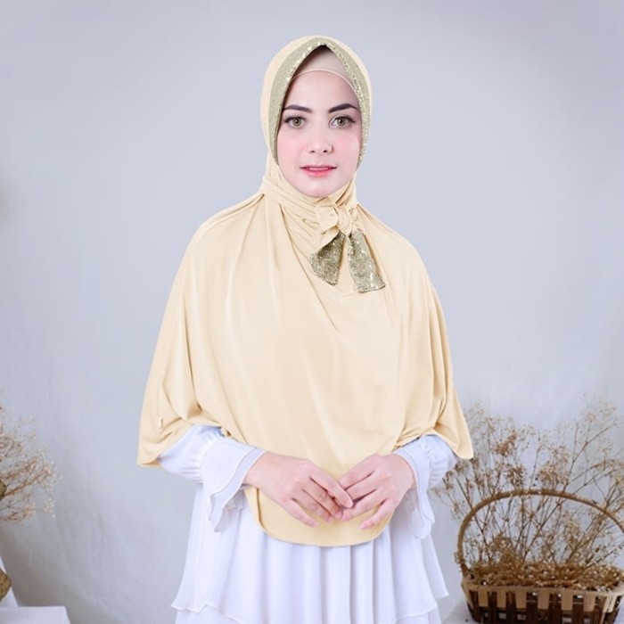 ( BUY 1 GET 1 FREE ) Jilbab Pesta Mewah Instan Syari Jersey Sequin Tali Pita Bonus Syal Leher Origin