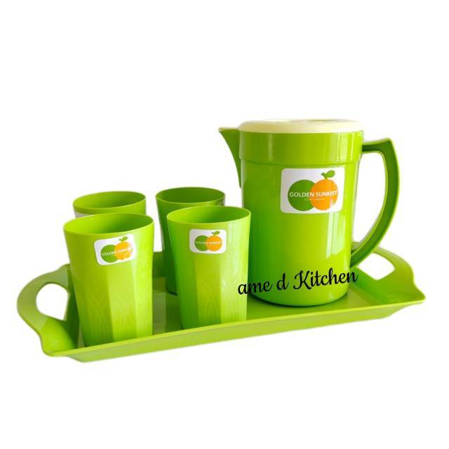 Teko set golden sunkist hijau ( teko KAT 3008 + nampan BTR 2009  + gelas G 5018, 4 pc )