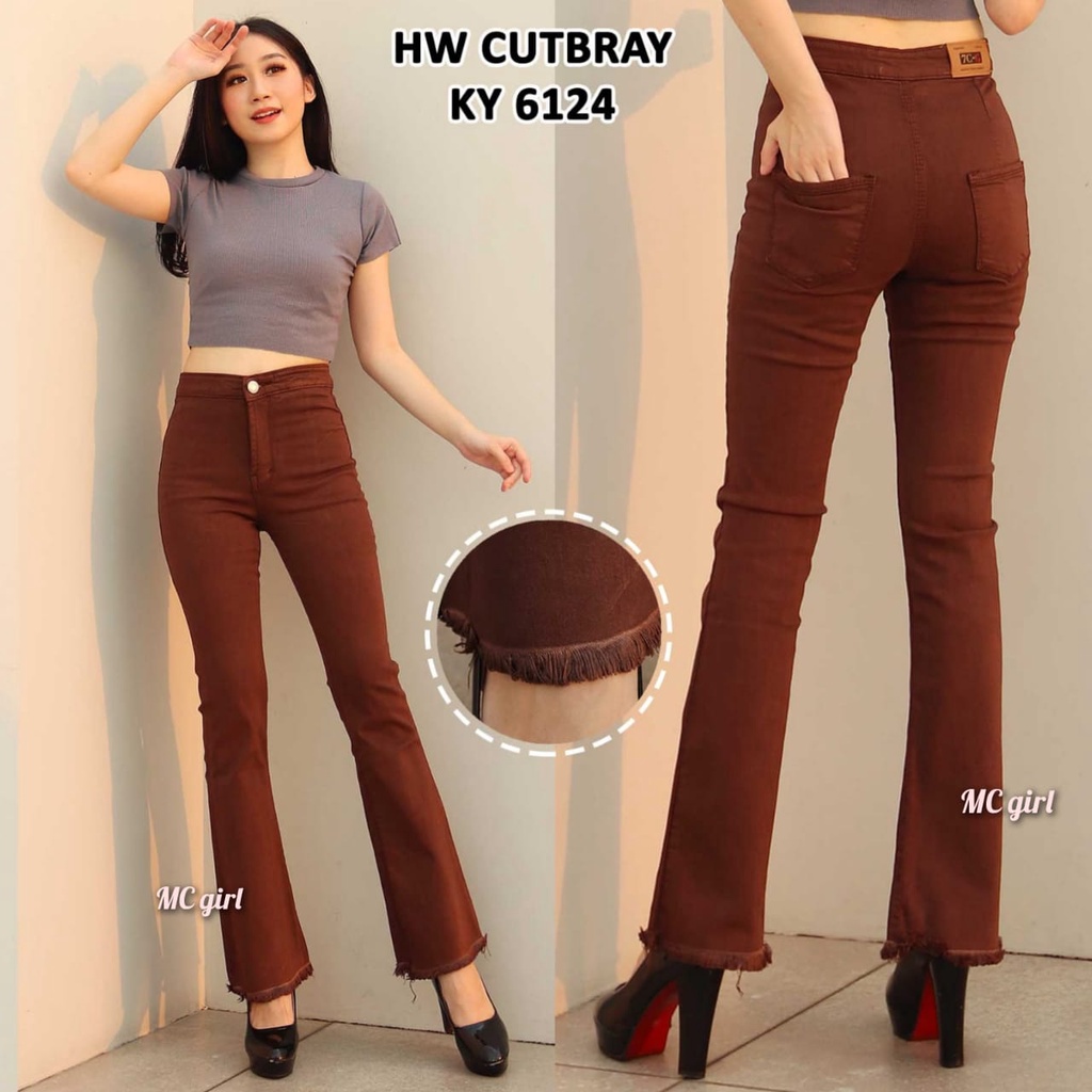 ( Size 27 - 34 ) MC girl - Celana Jeans Premium Highwaist Cutbray Rawis Warna Coklat / Celana Jeans Pinggang Tinggi Kaki Lebar / Cutbray High Waist Rumbai / Boot Cut 7C-G