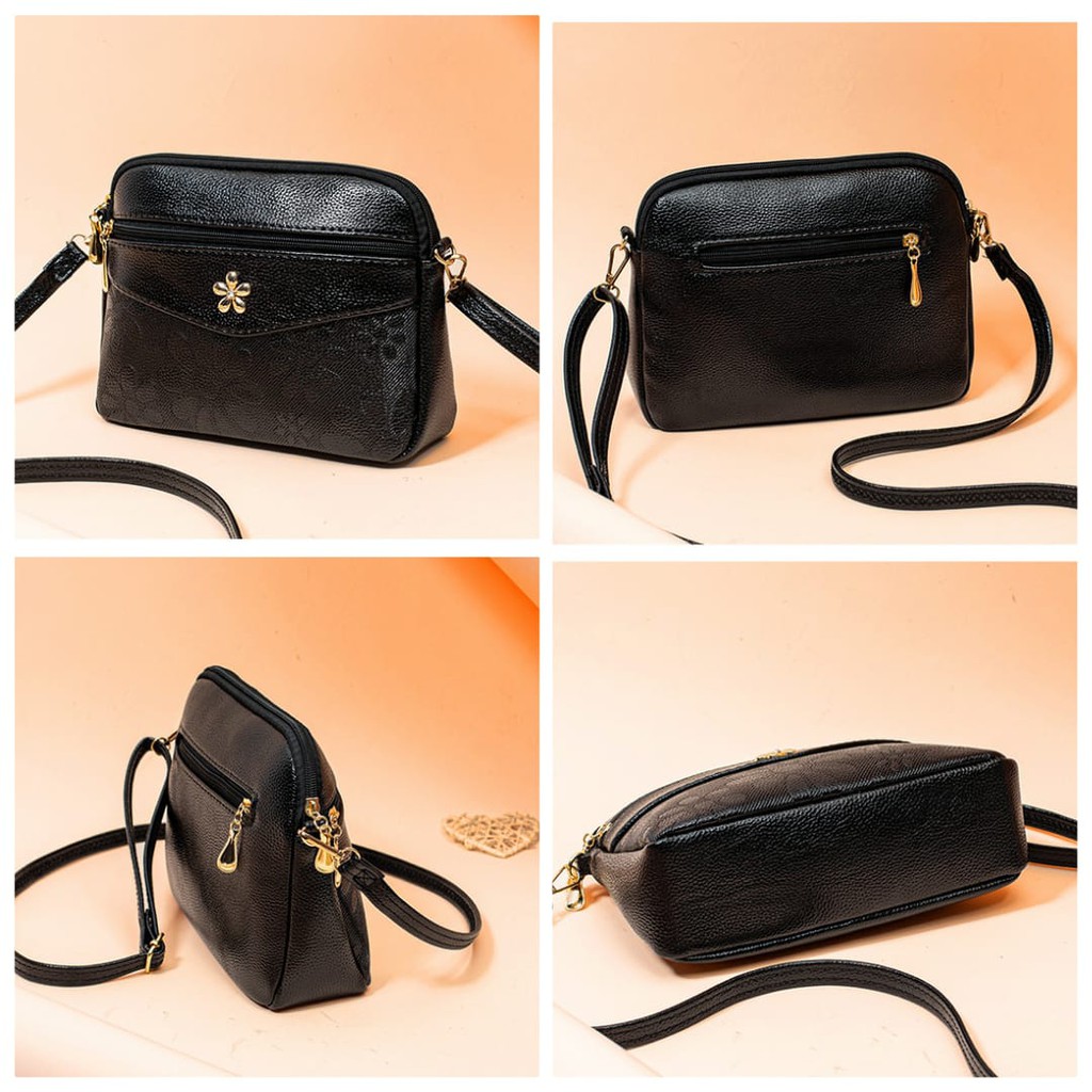 TAS SELEMPANG WANITA HITAM ZIGANA TA263B5 KULIT MOTIF BUNGA KECIL SLING BAG KOREA MURAH IMPORT ABG